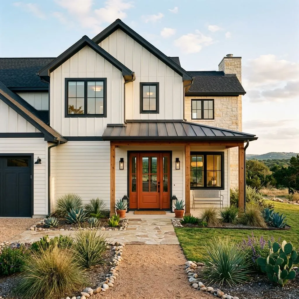 Inspiration image: home with warm white siding, charcoal trim, and an orange front door