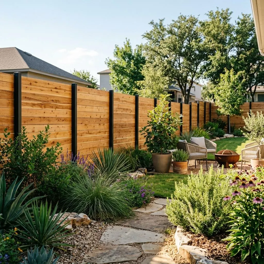 Inspiration image: horizontal cedar privacy fence with dark steel posts