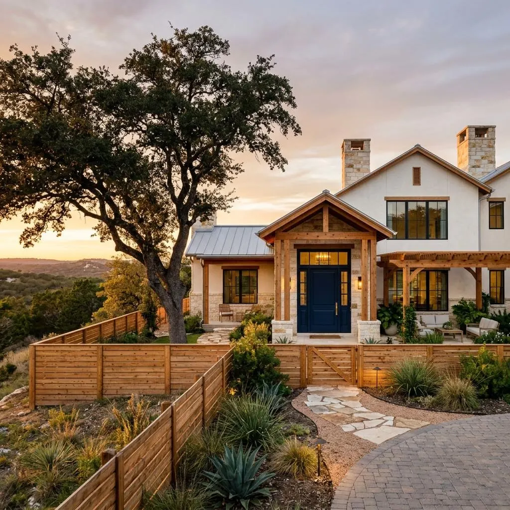 Inspiration image: Hill Country style home with warm white stucco, navy door, and cedar fence at golden hour