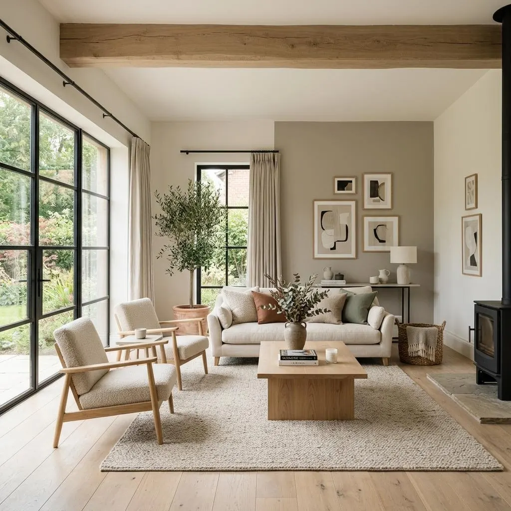 Inspiration image: bright living room with warm white walls and white oak floors