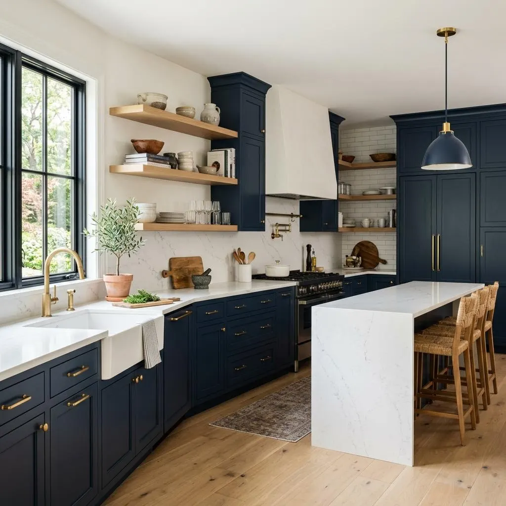 Inspiration image: kitchen with navy cabinets, white counters, and oak shelves